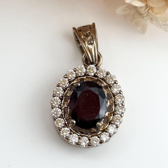 Smokey Quartz & CZ Faceted Halo Sterling Silver 925 Vintage Pendant - Picture 1 of 9